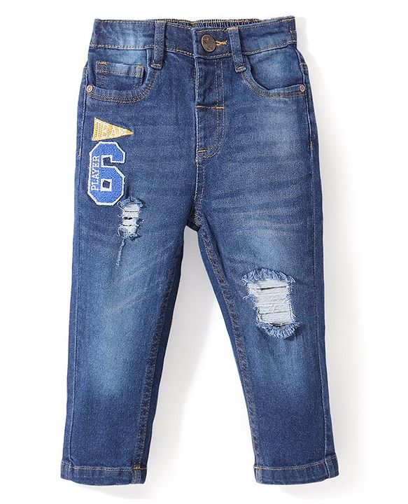 Babyhug Denim Full Length with Stretch Washed Distressed Jeans - Blue
