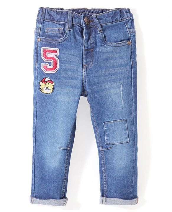 Babyhug Denim Full Length With Stretch Washed Jeans Tiger  Embroidered  - Blue