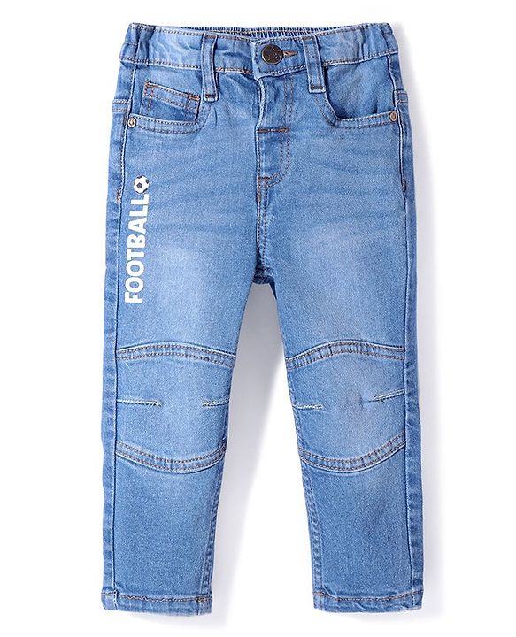 Babyhug Cotton Full Length Washed Denim Jeans with Stretch & Text Print - Blue