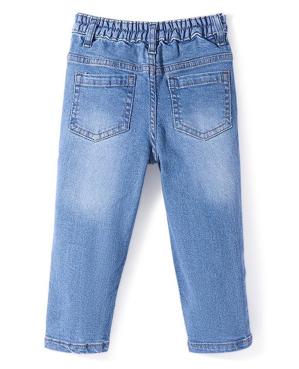 Babyhug Cotton Full Length Washed Denim Jeans with Stretch & Text Print - Blue