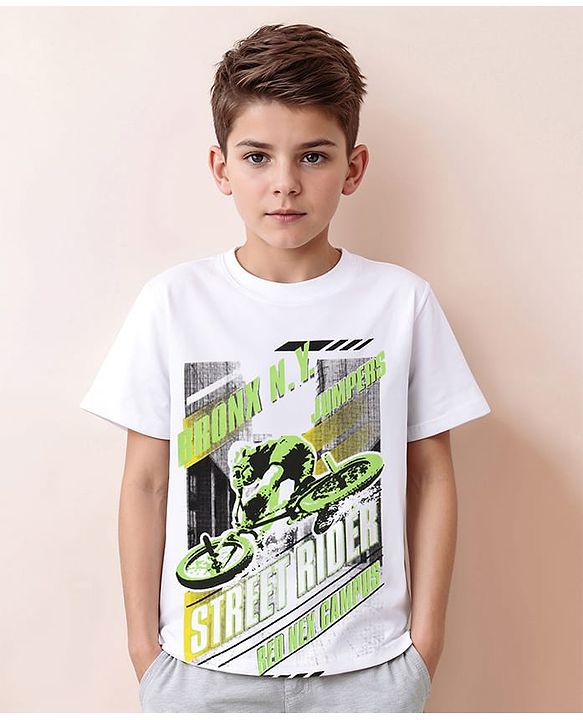 Pine Kids Cotton Knit Half Sleeves T-Shirt with Bicycle Graphics - White