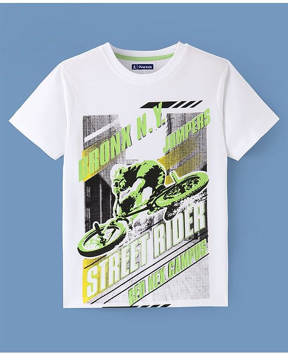 Pine Kids Cotton Knit Half Sleeves T-Shirt with Bicycle Graphics - White