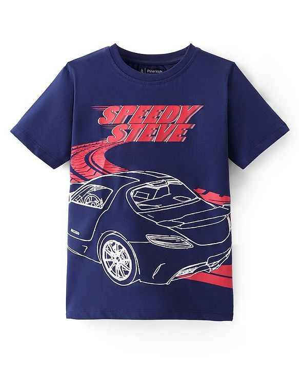 Pine Kids Cotton Knit Half Sleeves T-Shirt Car Print - Navy Blue