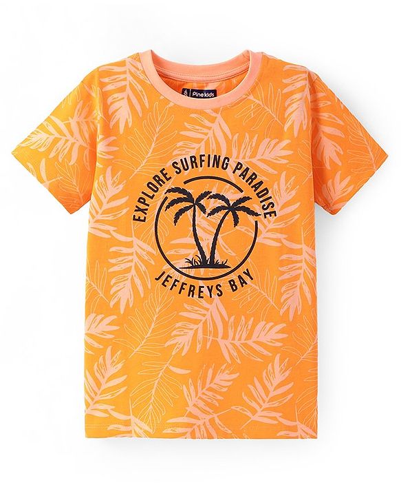 Pine Kids Cotton Knit Half Sleeves Tropical Printed T-Shirt - Orange