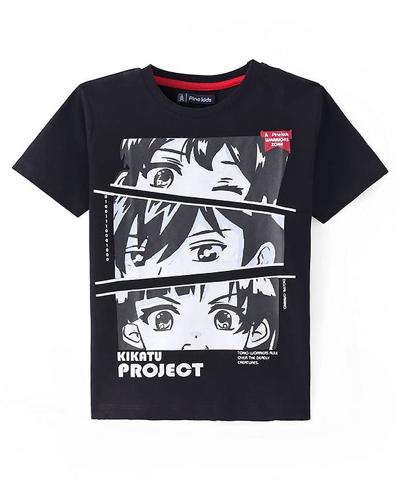 Pine Kids Cotton Knit Half Sleeves T-Shirt with Anime Print - Black