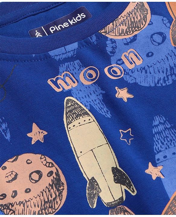 Pine Kids Cotton Knit Half Sleeves T-Shirt With Space Theme Print - Multicolor