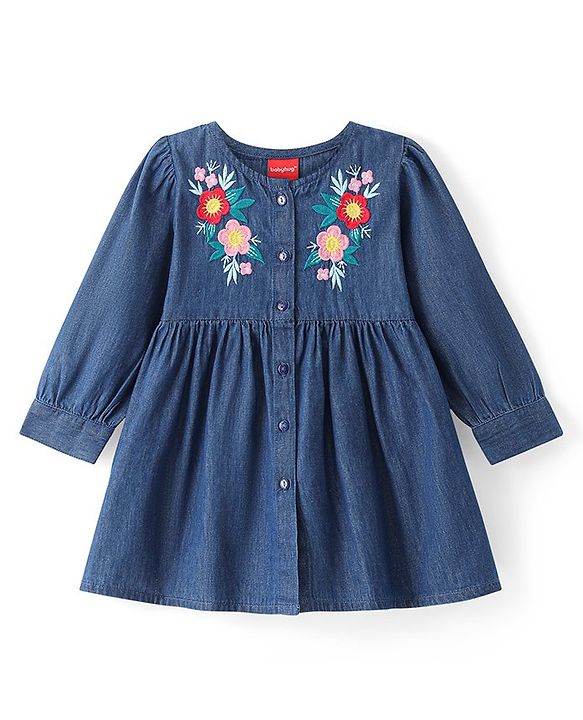 Babyhug Denim Woven Full Sleeves Frock With Floral Embroidery - Blue