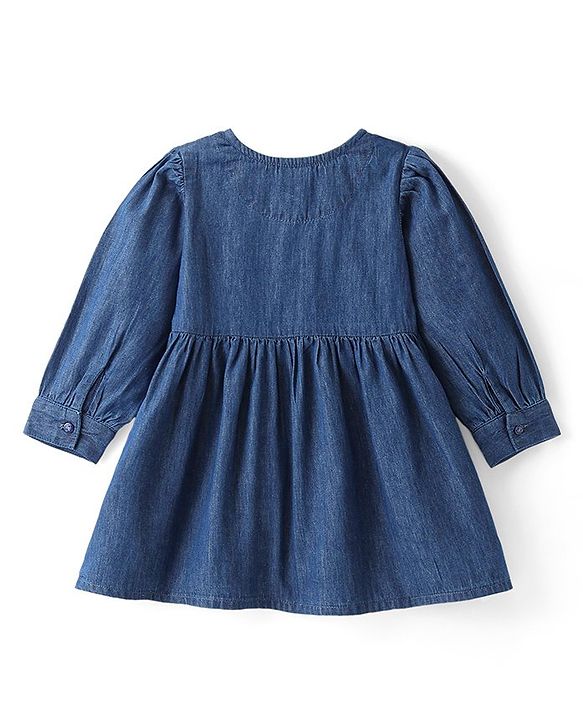 Babyhug Denim Woven Full Sleeves Frock With Floral Embroidery - Blue