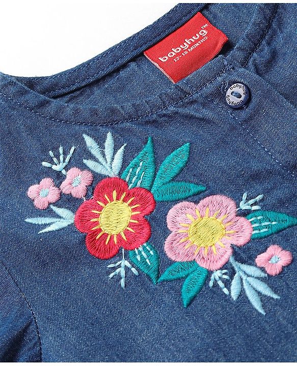 Babyhug Denim Woven Full Sleeves Frock With Floral Embroidery - Blue