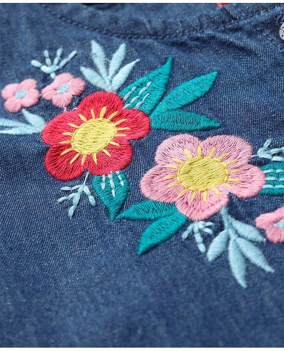 Babyhug Denim Woven Full Sleeves Frock With Floral Embroidery - Blue