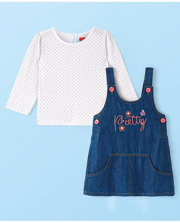 Babyhug Denim Woven Frock With  Full Sleeves Inner Tee & Text Embroidery - Blue