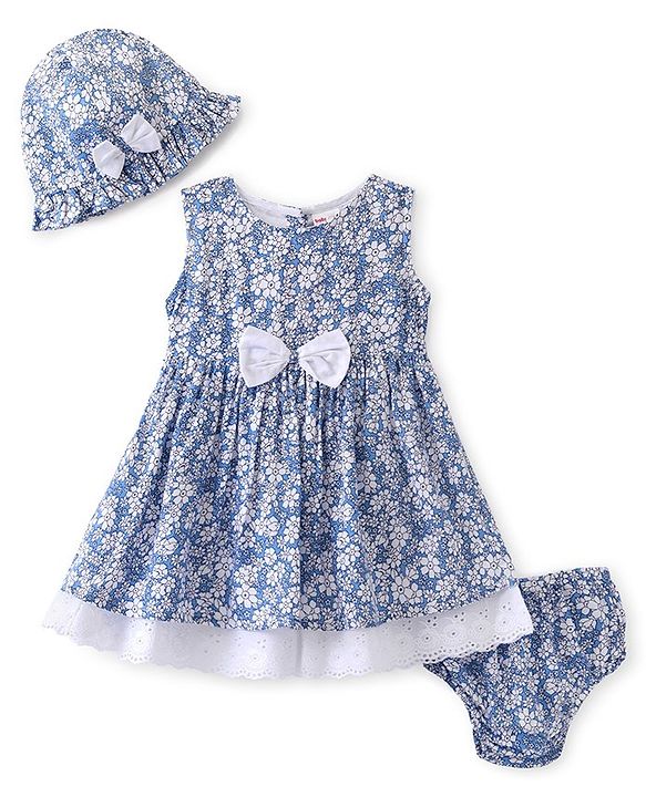 Babyhug Rayon Woven Sleeveless Frock with Bloomer & Cap Floral Print - Blue