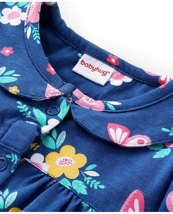 Babyhug Cotton Knit Half Sleeves Peter Pan Collar Neck Top & Shorts  Night Suit   Floral Print - Blue