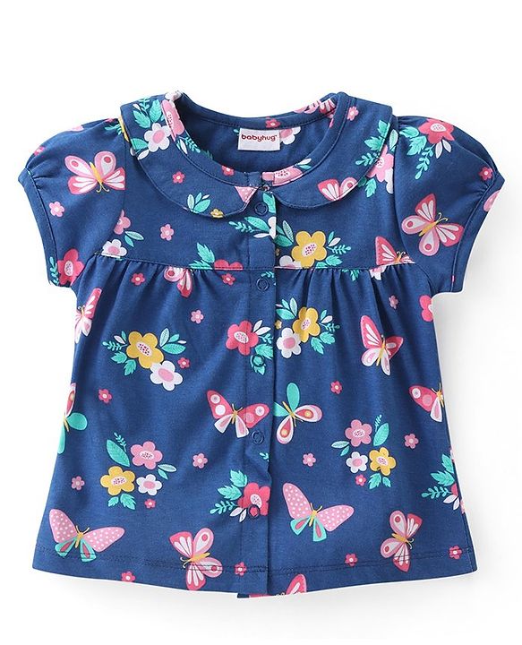 Babyhug Cotton Knit Half Sleeves Peter Pan Collar Neck Top & Shorts  Night Suit   Floral Print - Blue