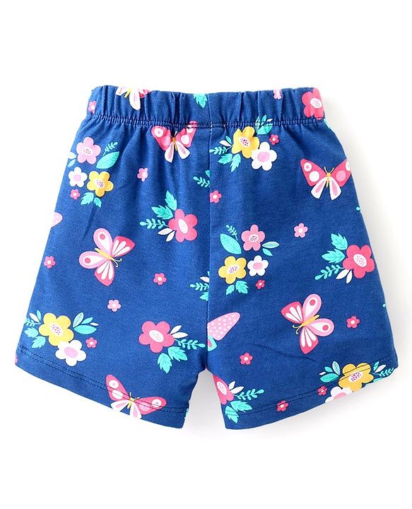 Babyhug Cotton Knit Half Sleeves Peter Pan Collar Neck Top & Shorts  Night Suit   Floral Print - Blue
