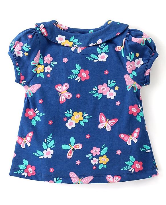 Babyhug Cotton Knit Half Sleeves Peter Pan Collar Neck Top & Shorts  Night Suit   Floral Print - Blue