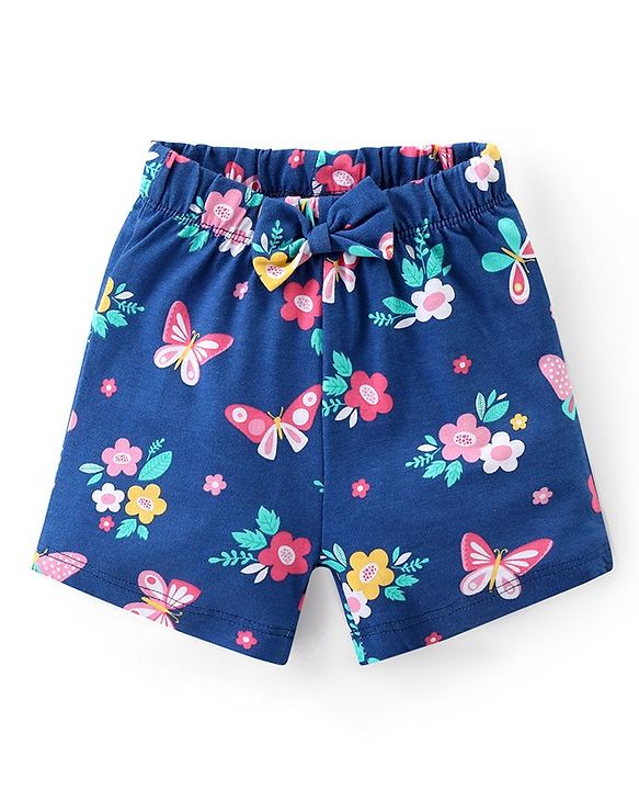 Babyhug Cotton Knit Half Sleeves Peter Pan Collar Neck Top & Shorts  Night Suit   Floral Print - Blue