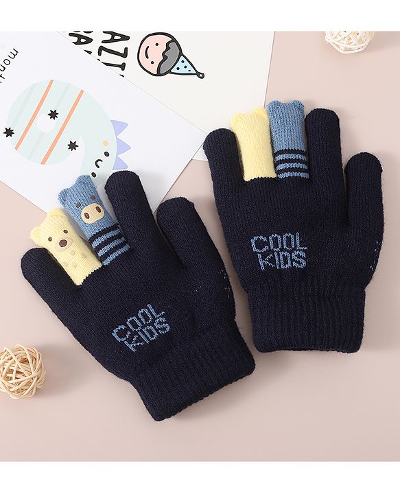 Babyhug Woolen Gloves Set Face & Text Design - Navy Blue