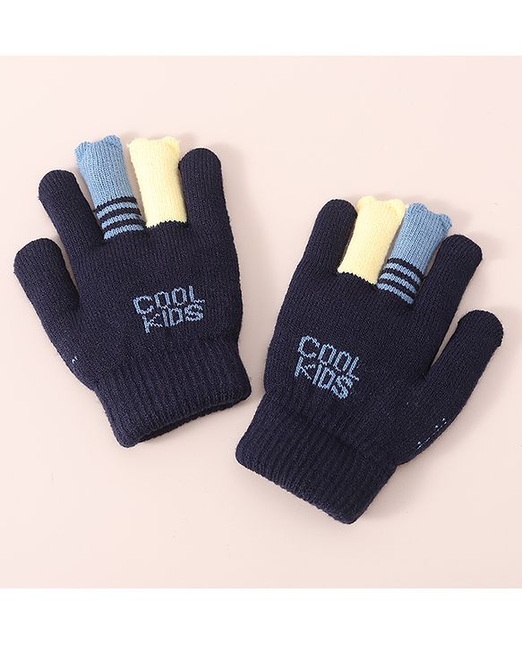Babyhug Woolen Gloves Set Face & Text Design - Navy Blue