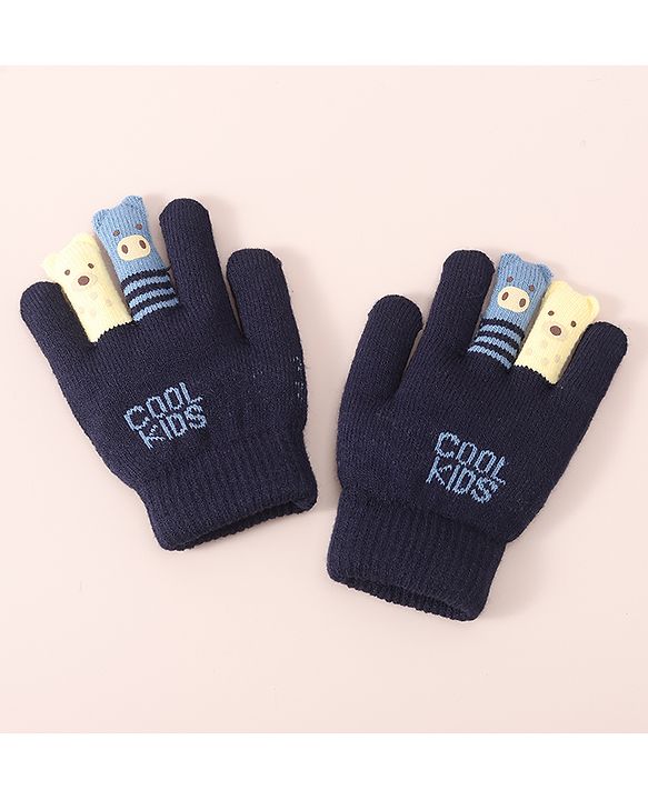 Babyhug Woolen Gloves Set Face & Text Design - Navy Blue