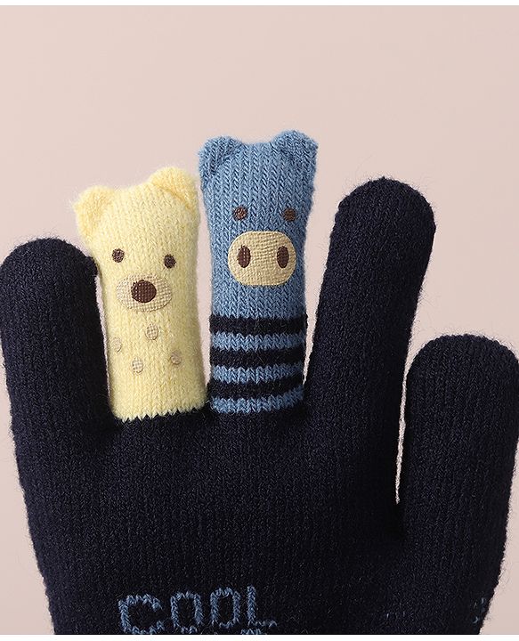 Babyhug Woolen Gloves Set Face & Text Design - Navy Blue