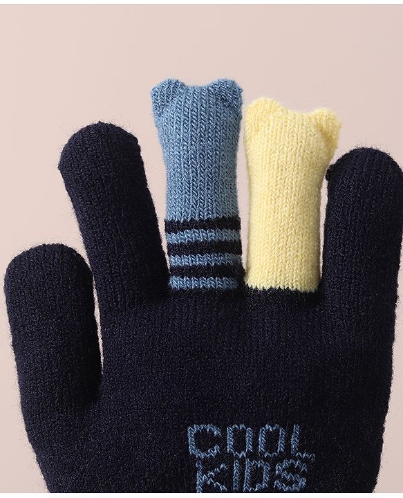 Babyhug Woolen Gloves Set Face & Text Design - Navy Blue
