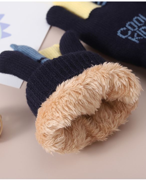 Babyhug Woolen Gloves Set Face & Text Design - Navy Blue
