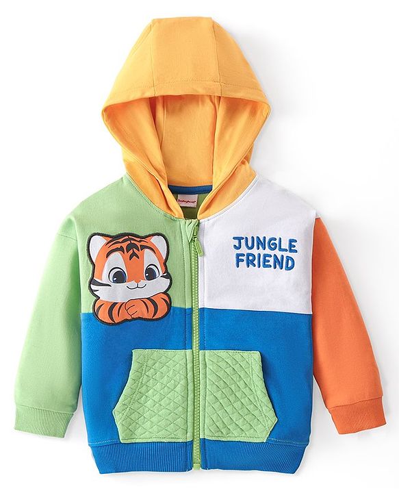 Babyhug Cotton Knit Full Sleeves Front Open Hooded Sweatjacket With Cut & Sew Design & Tiger Patch Detailing - Multicolour
