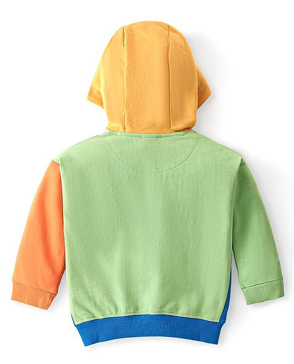 Babyhug Cotton Knit Full Sleeves Front Open Hooded Sweatjacket With Cut & Sew Design & Tiger Patch Detailing - Multicolour