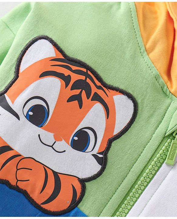 Babyhug Cotton Knit Full Sleeves Front Open Hooded Sweatjacket With Cut & Sew Design & Tiger Patch Detailing - Multicolour