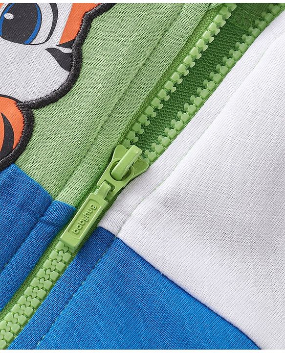 Babyhug Cotton Knit Full Sleeves Front Open Hooded Sweatjacket With Cut & Sew Design & Tiger Patch Detailing - Multicolour