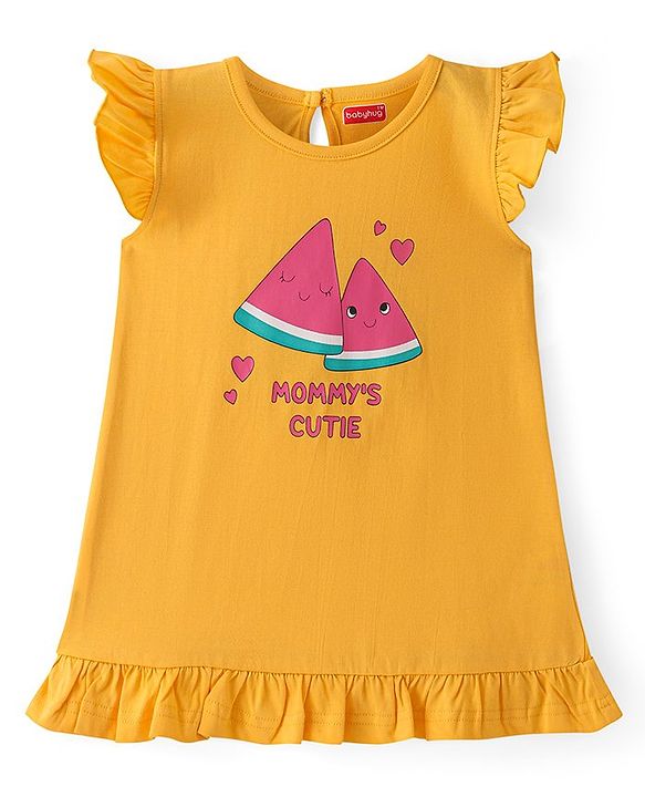 Babyhug Cotton Knit Flutter Sleeves Nighty With Watermelon Print - Multicolor
