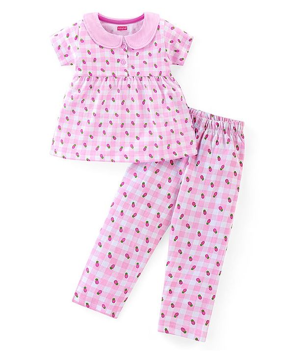 Babyhug Cotton Knit Half Sleeves Peter Pan Collared Night Suit With Fruits Print - PInk