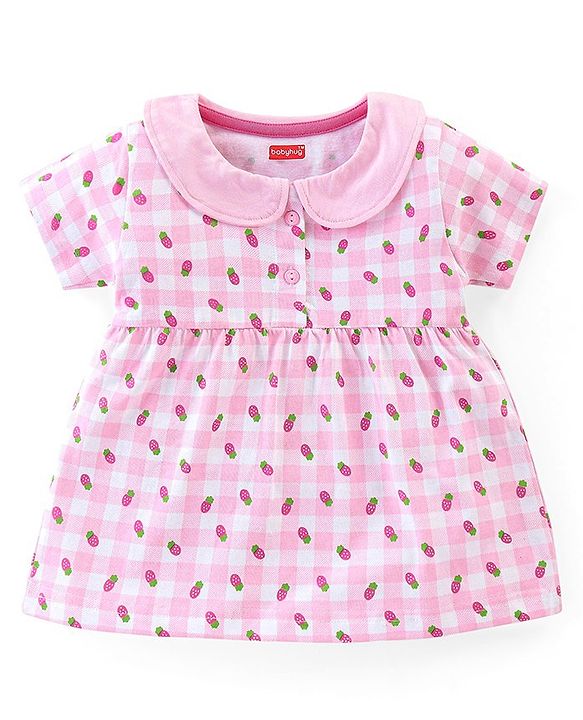 Babyhug Cotton Knit Half Sleeves Peter Pan Collared Night Suit With Fruits Print - PInk