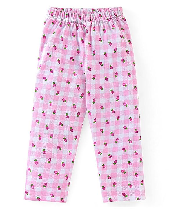 Babyhug Cotton Knit Half Sleeves Peter Pan Collared Night Suit With Fruits Print - PInk