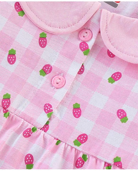 Babyhug Cotton Knit Half Sleeves Peter Pan Collared Night Suit With Fruits Print - PInk