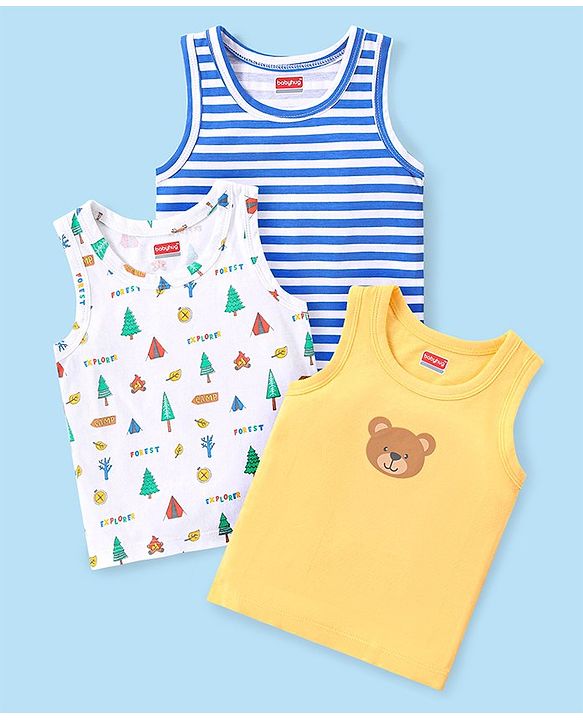 Babyhug 100% Organic Cotton Knit Sleeveless Set of  Vests with Striped & Bear Print Pack of 3 - Multicolour