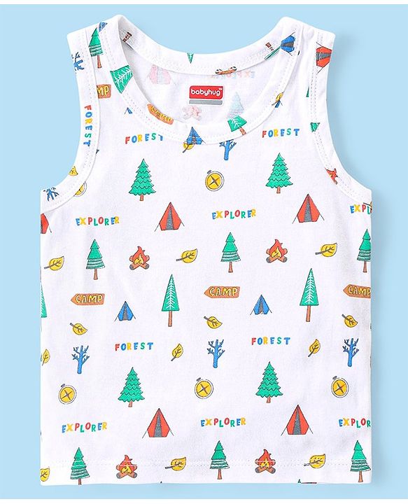 Babyhug 100% Organic Cotton Knit Sleeveless Set of  Vests with Striped & Bear Print Pack of 3 - Multicolour