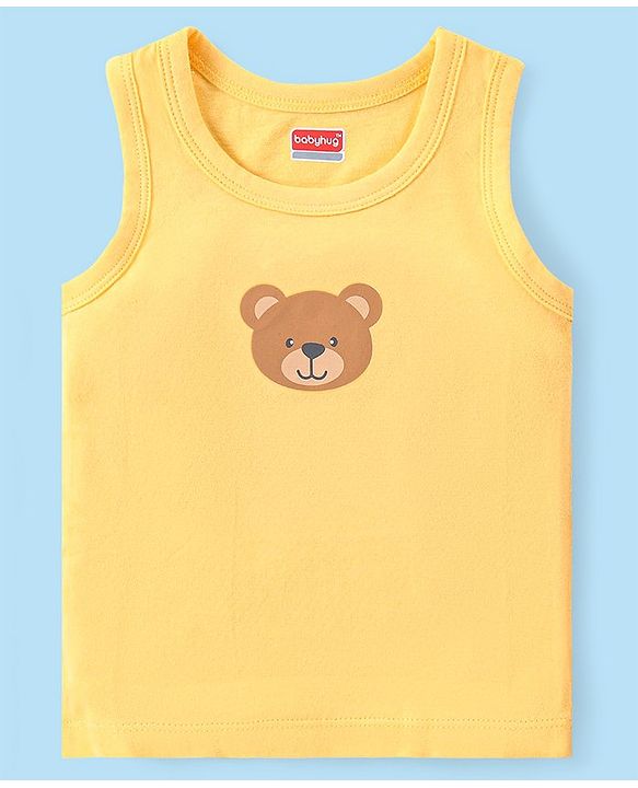 Babyhug 100% Organic Cotton Knit Sleeveless Set of  Vests with Striped & Bear Print Pack of 3 - Multicolour
