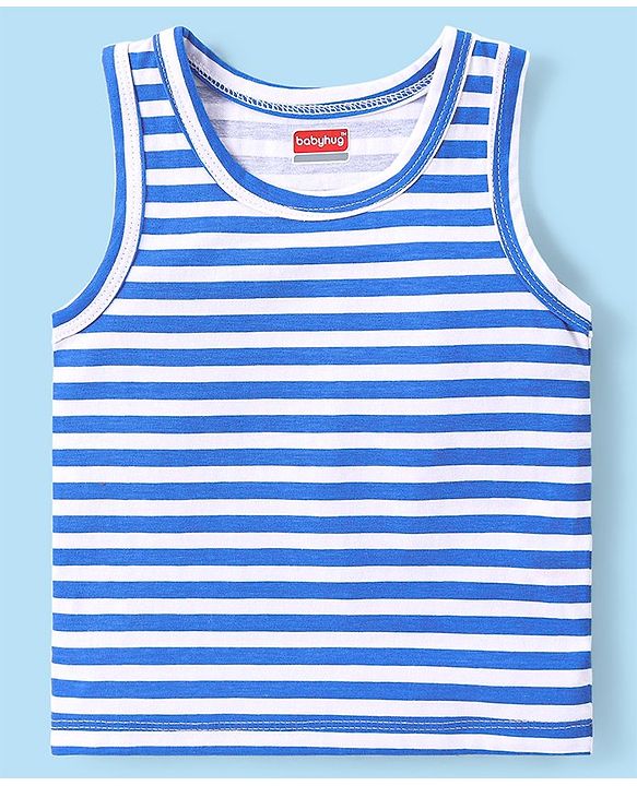 Babyhug 100% Organic Cotton Knit Sleeveless Set of  Vests with Striped & Bear Print Pack of 3 - Multicolour