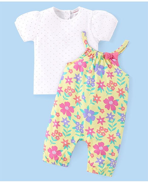 Babyhug Single Jersey Knit Half Sleeves T-Shirt & Dungaree Set Floral Print - Multicolor