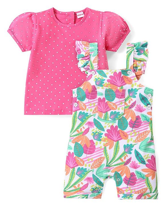 Babyhug Single Jersey Knit Dungaree with Frill Detailing & Half Sleeves T-Shirt Polka Dots & Leaves Print - Multicolour
