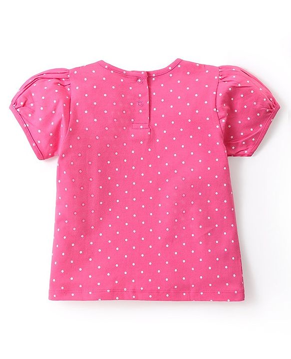Babyhug Single Jersey Knit Dungaree with Frill Detailing & Half Sleeves T-Shirt Polka Dots & Leaves Print - Multicolour