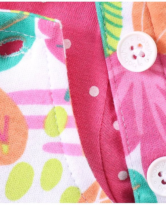Babyhug Single Jersey Knit Dungaree with Frill Detailing & Half Sleeves T-Shirt Polka Dots & Leaves Print - Multicolour