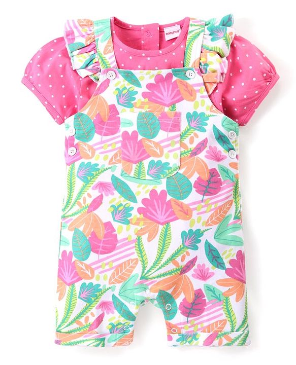 Babyhug Single Jersey Knit Dungaree with Frill Detailing & Half Sleeves T-Shirt Polka Dots & Leaves Print - Multicolour