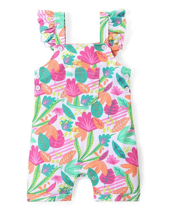 Babyhug Single Jersey Knit Dungaree with Frill Detailing & Half Sleeves T-Shirt Polka Dots & Leaves Print - Multicolour