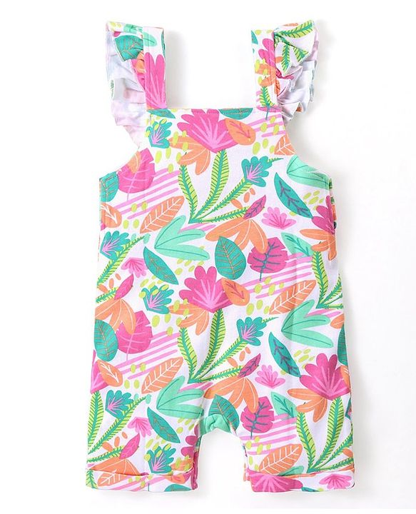 Babyhug Single Jersey Knit Dungaree with Frill Detailing & Half Sleeves T-Shirt Polka Dots & Leaves Print - Multicolour