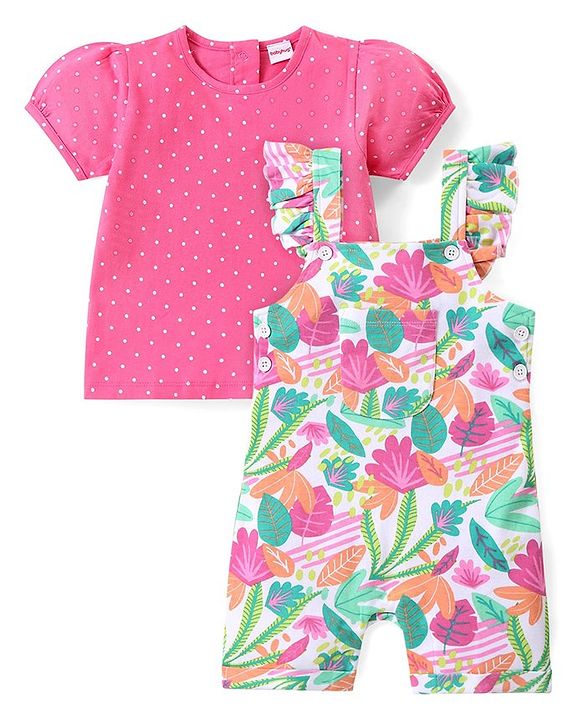 Babyhug Single Jersey Knit Dungaree with Frill Detailing & Half Sleeves T-Shirt Polka Dots & Leaves Print - Multicolour