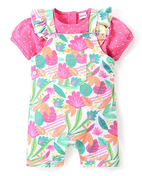 Babyhug Single Jersey Knit Dungaree with Frill Detailing & Half Sleeves T-Shirt Polka Dots & Leaves Print - Multicolour