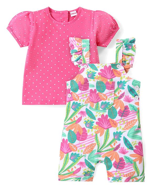 Babyhug Single Jersey Knit Dungaree with Frill Detailing & Half Sleeves T-Shirt Polka Dots & Leaves Print - Multicolour